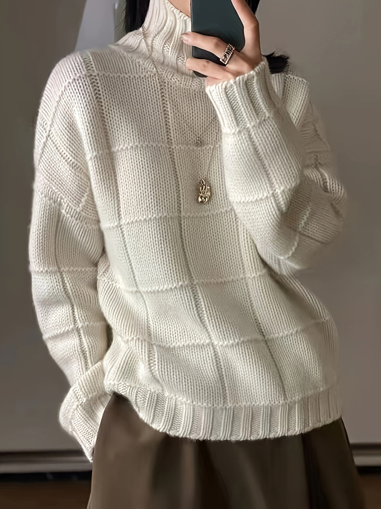 Plaid Turtle Neck Pullover Sweater, Casual Long Sleeve Thick Loose Sweater, Women's Clothing