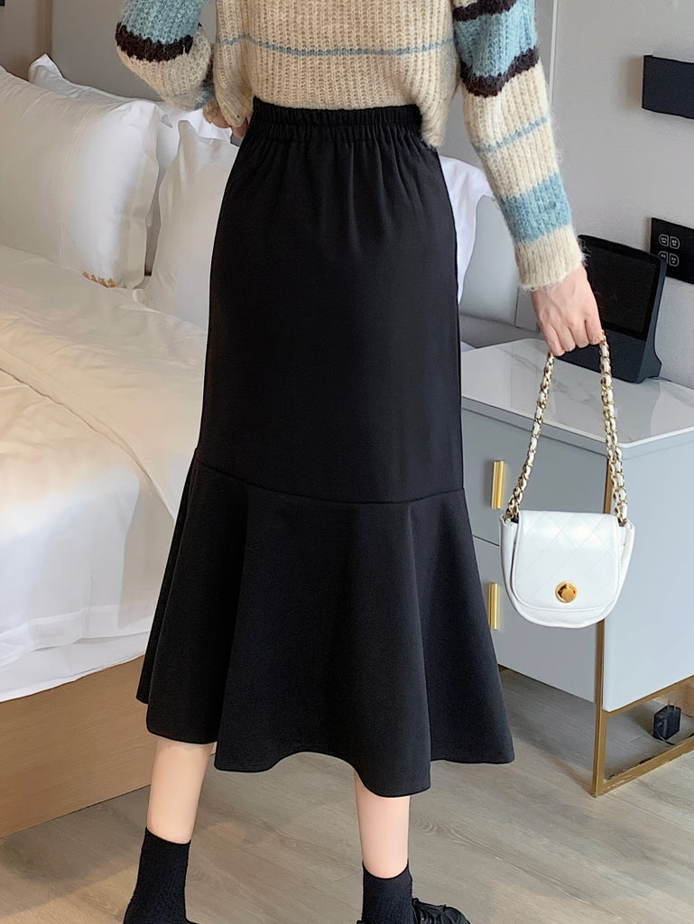 Solid High Waist Fashion Skirt, Elegant Ruffle Hem Midi Skirt, Women's Clothing