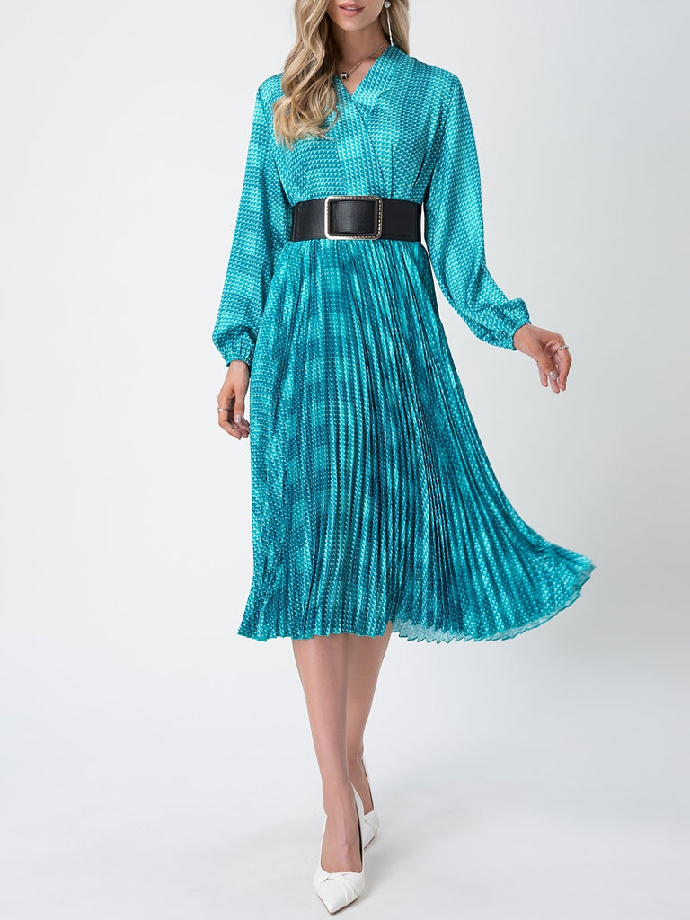 Women's Evening Gown Dress Pleated Long Sleeve Midi Dress With Belt