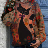 Cartoon Cat Print Hoodie, Casual Long Sleeve Drop Shoulder Sweatshirt For Spring & Fall, Women's Clothing