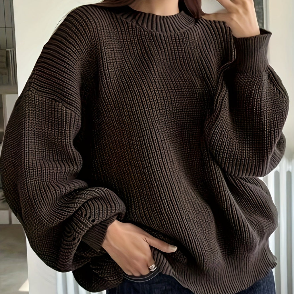 hoombox  Solid Crew Neck Pullover Sweater, Casual Long Sleeve Drop Shoulder Oversized Sweater, Women's Clothing