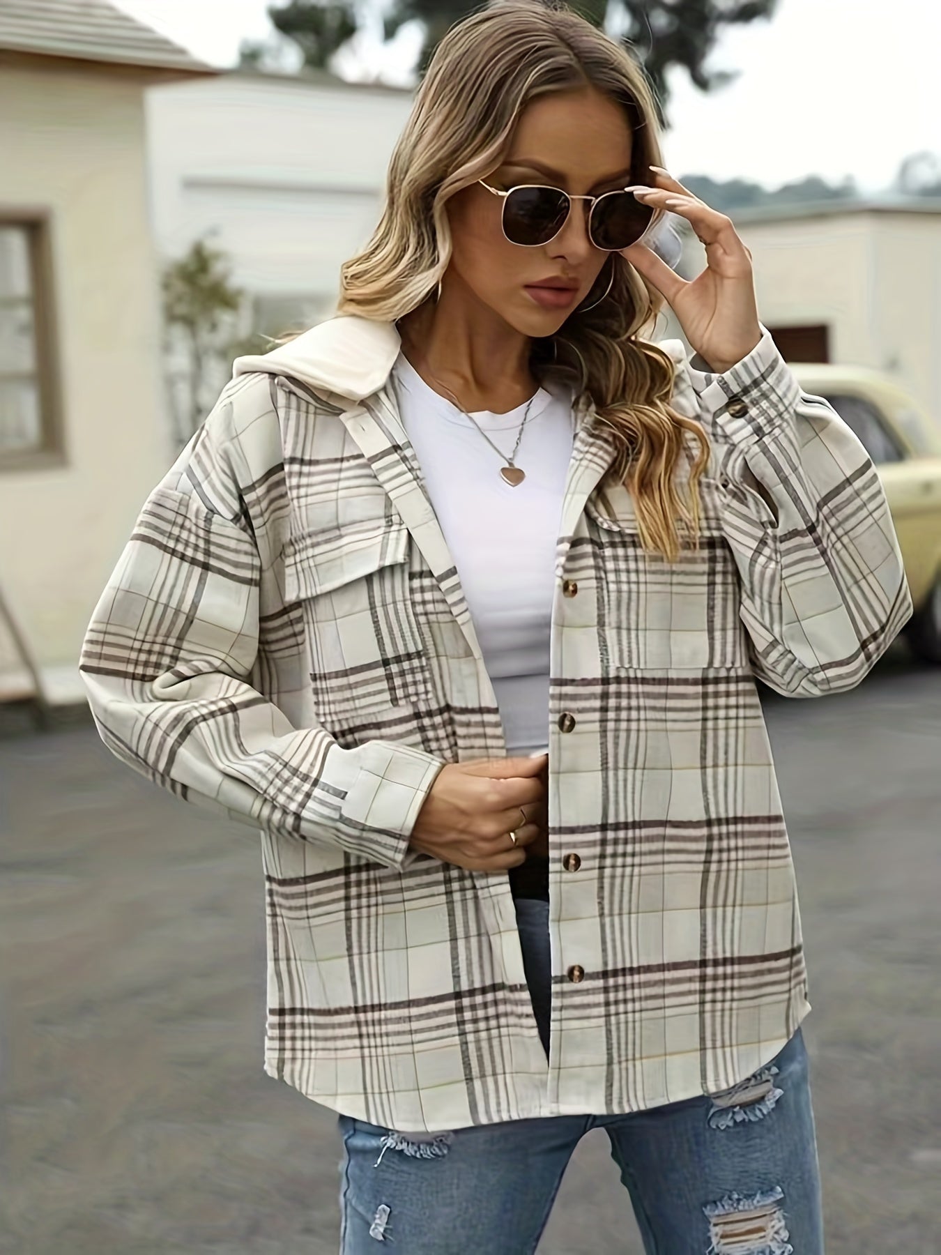 Plaid Flap Pockets Hooded Jacket, Casual Long Sleeve Loose Outwear For Fall & Winter, Women's Clothing