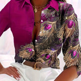 hoombox Peacock Feather Print Shirt, Long Sleeve Button Up Casual Top For Fall & Spring, Women's Clothing