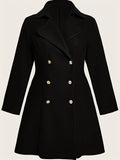hoombox Plus Size Elegant Coat, Women's Plus Solid Double Breast Button Long Sleeve Lapel Collar Nipped Waist Tunic Woolen Coat