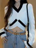 hoombox  Color Block V Neck Sweater, Chic Long Sleeve Crop Sweater, Women's Clothing