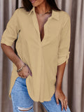Solid Button Down Shirt, Casual Roll Up Sleeve Curved Hem Shirt, Women's Clothing