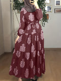 hoombox Floral Print High Waist Dress, Casual Crew Neck Long Sleeve Maxi Dress, Women's Clothing