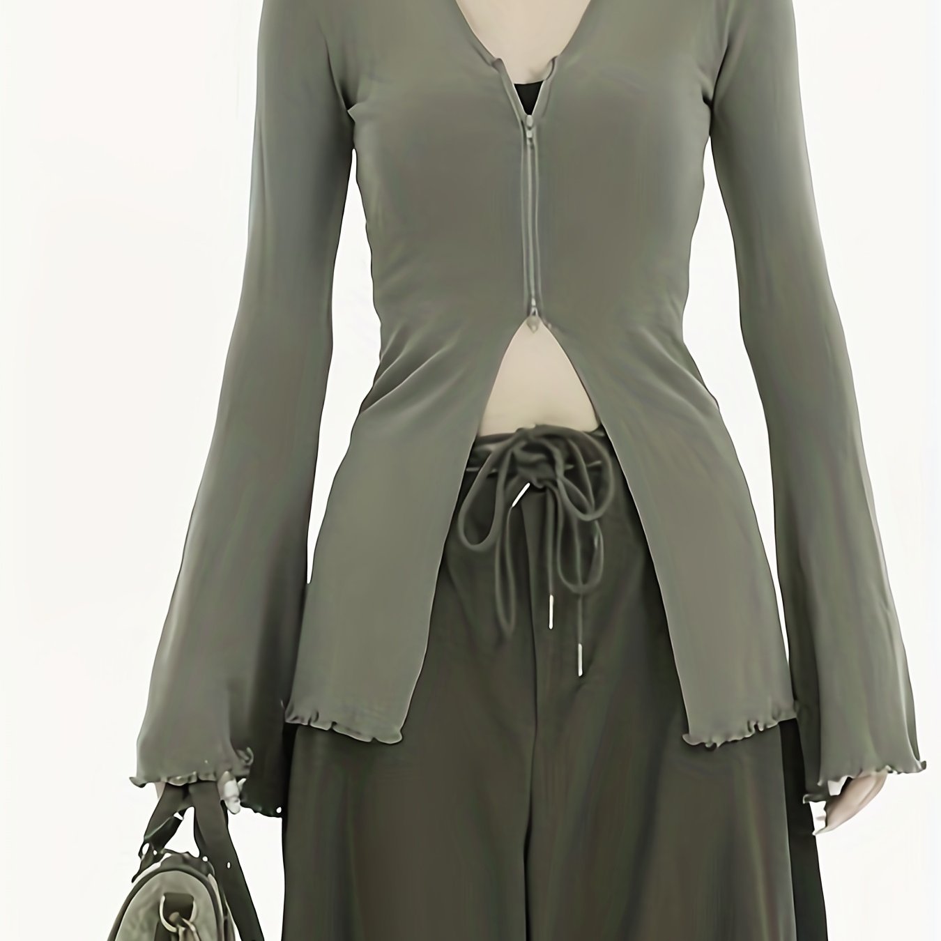 Solid V-neck Zipper Long Sleeve T-shirt, Elegant Autumn & Winter Comfy T-shirt, Women's Clothing