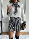hoombox Houndstooth Print Two-piece Skirt Set, Tie Neck Long Sleeve Top & Dual Breasted Skirts Outfits, Women's Clothing