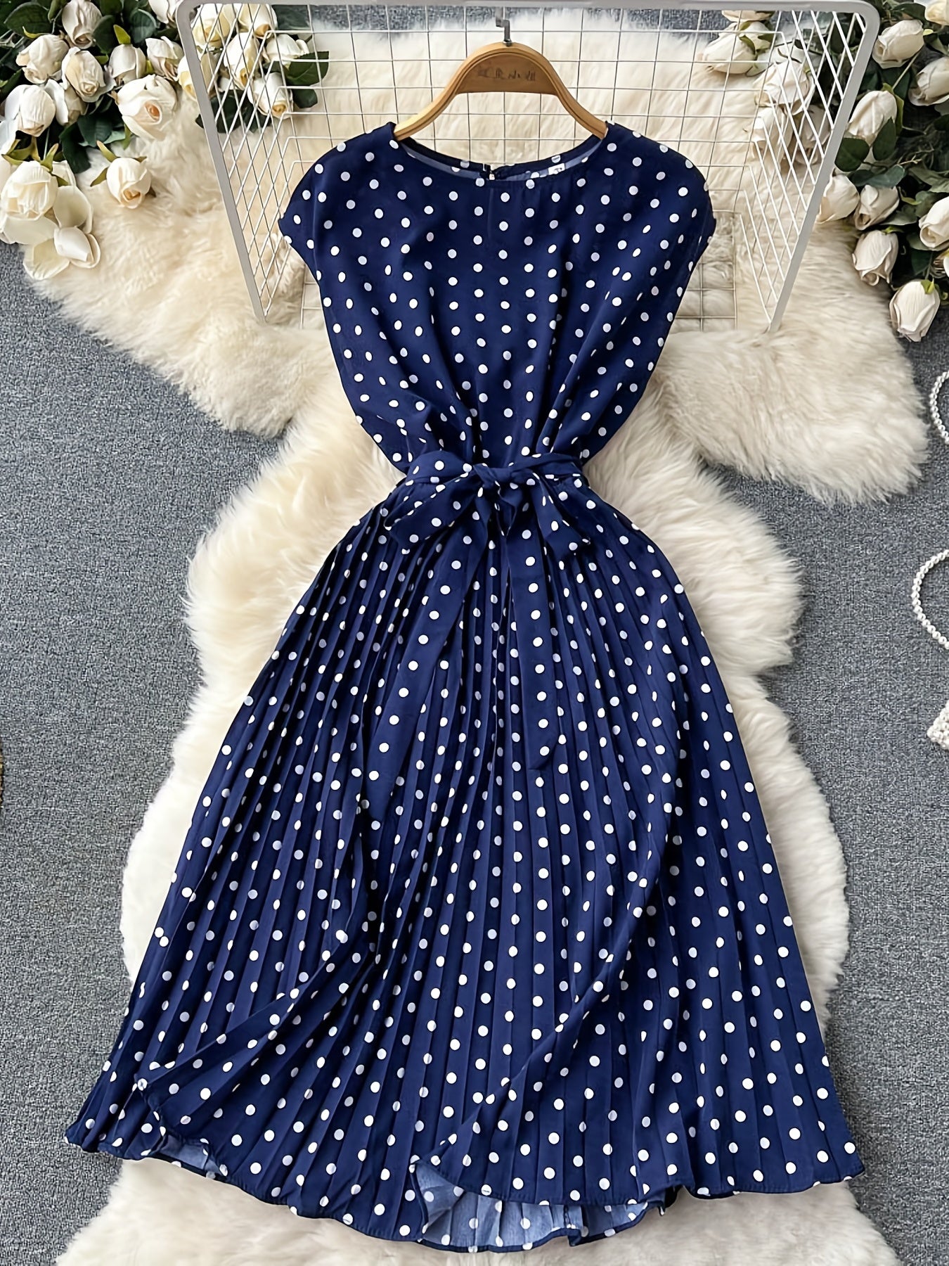 hoombox Polka Dot Pleated Dress, Short Sleeve Casual Dress For Spring & Summer, Women's Clothing