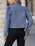 hoombox Blue Long Sleeves Denim Jackets, Ripped Holes Raw Hem Lapel Denim Coats, Women's Denim Clothing