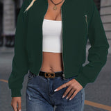 Solid Zip Up Bomber Jacket, Casual Slant Pockets Jacket For Spring & Fall, Women's Clothing