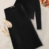Solid Elegant Two-piece Set, Crew Neck Long Sleeve Tops & Pleated Skirts Outfits, Women's Clothing