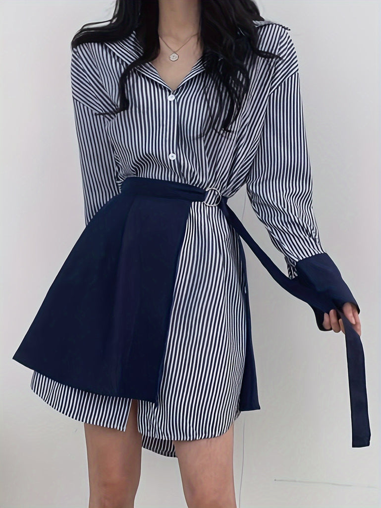 hoombox  Stripe Print Button Front Wrap Dress, Stylish Cuff Sleeve Lapel A-line Dress, Women's Clothing