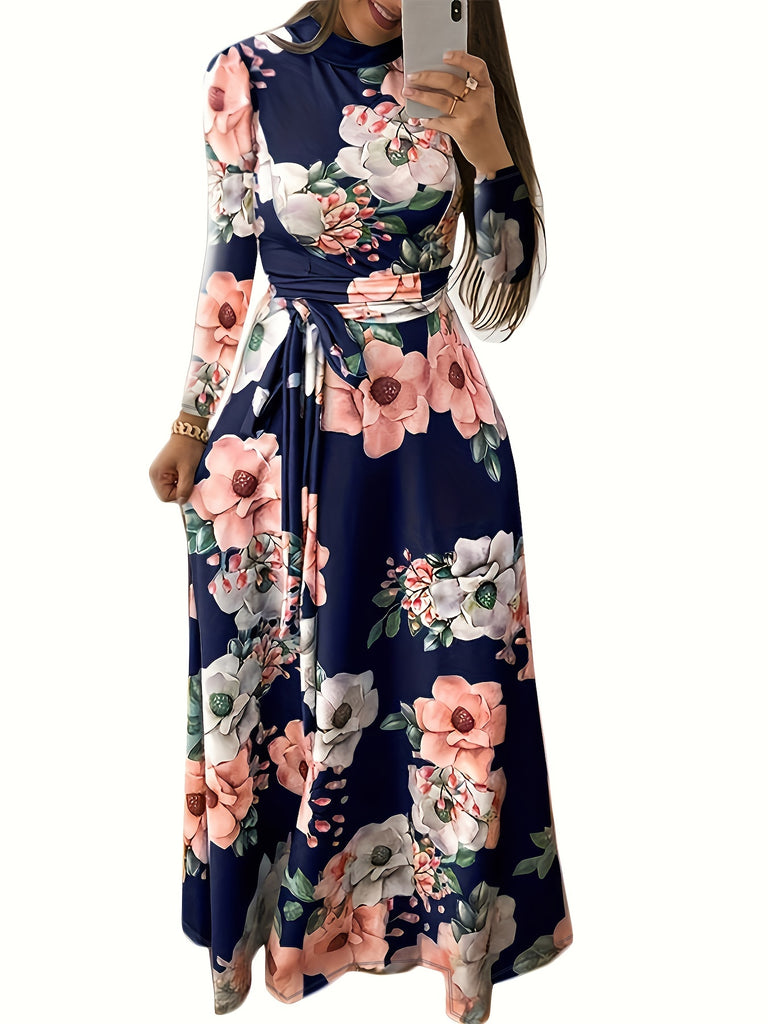 Retro Floral Print Dress, Random Print Long Sleeve Crew Neck Casual Dress For Spring & Fall, Women's Clothing