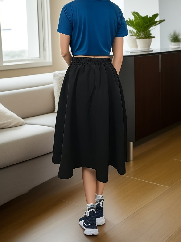 Solid High Waist Flared Skirt, Vintage Button Big Swing Midi Skirt, Women's Clothing