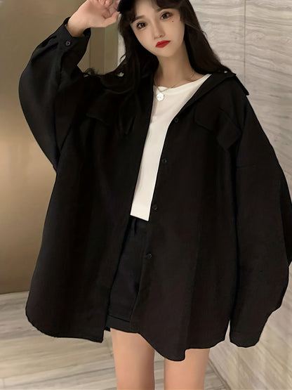 hoombox  Solid Oversized Shirt, Casual Button Front Long Sleeve Collared Shirt, Women's Clothing