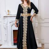 Lace Trim V Neck Kaftan Abaya, Elegant Long Sleeve Maxi Dress, Women's Clothing