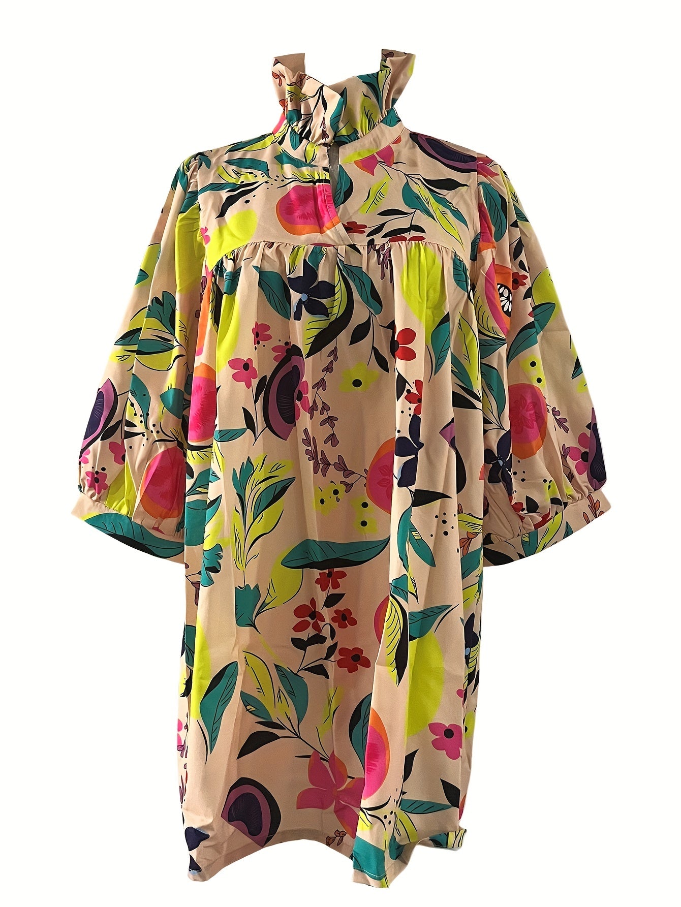 Floral Print High Neck Blouse, Vintage Ruched Puff Sleeve Blouse, Women's Clothing