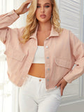 hoombox  Pink Raw Hem Denim Jackets, Long Sleeves Single-Breasted Button Loose Fit Lapel Denim Coats, Women's Denim Clothing