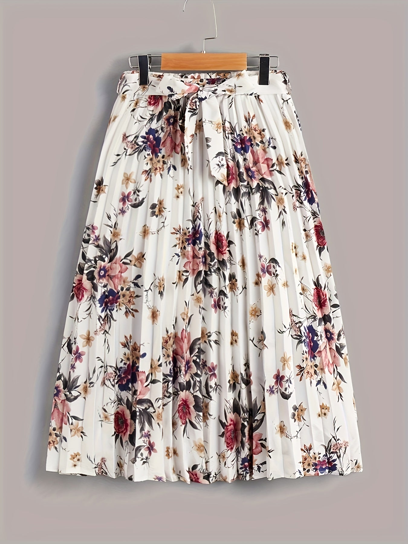Vintage Floral Print Skirts, Elegant Pleated Tie Waist Daily Skirts, Women's Clothing