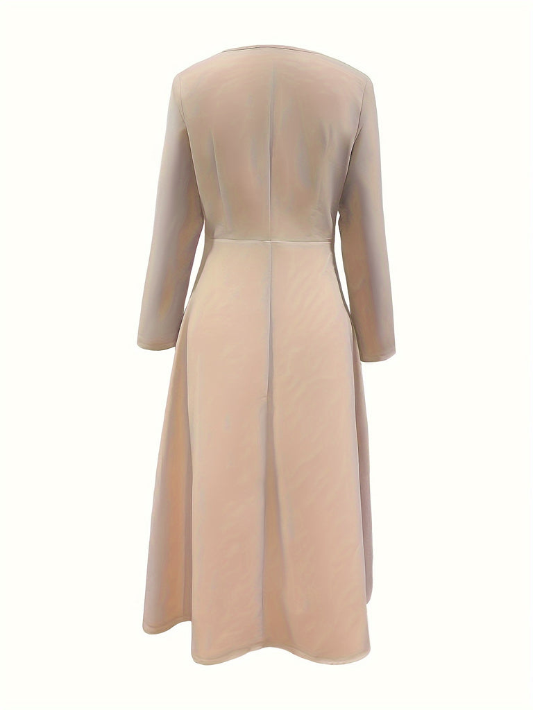 hoombox  Ruffle Trim Solid Midi Dress, Elegant Surplice Neck Long Sleeve Dress, Women's Clothing
