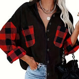 Plus Size Casual Blouse, Women's Plus Colorblock Gingham Print Button Up Long Sleeve Turn Down Collar Blouse