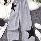 Girls' Trendy Stars Print High Waisted Wide-Leg Pants, Loose Fit Kids Trousers For Autumn And Winter