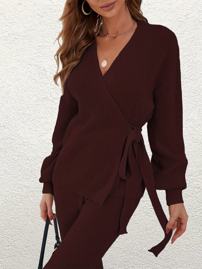hoombox  Solid Vintage Knitted Two-piece Set, Belted Long Sleeve Sweater & High Waist Slim Pants Outfits, Women's Clothing