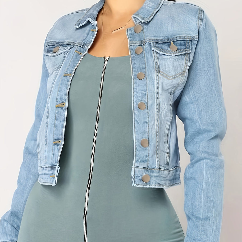 hoombox Blue Long Sleeves Denim Jackets, Single-Breasted Button Flap Pockets Lapel Denim Coats, Women's Denim Clothing
