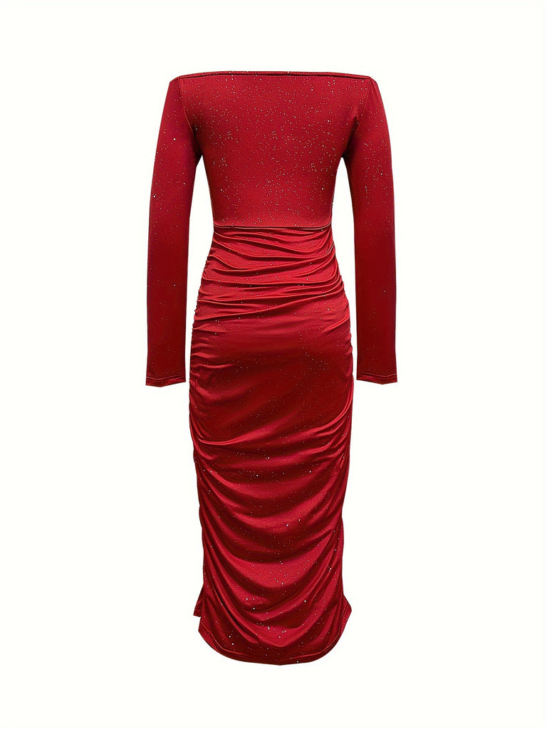 hoombox Ruched Bodycon Solid Dress, Party Wear Off Shoulder Long Sleeve Midi Dress, Women's Clothing