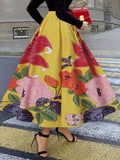 Plus Size Elegant Skirt, Women's Plus Floral Print Elastic High Rise Slight Stretch A-line Maxi Skirt