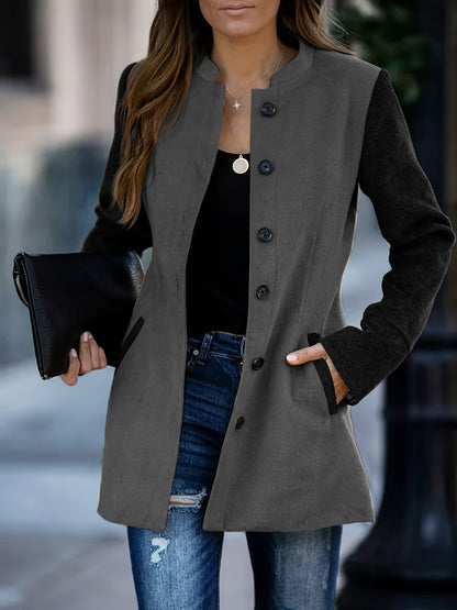 Color Block Button Front Jacket, Casual Simple Long Sleeve Outerwear, Women's Clothing