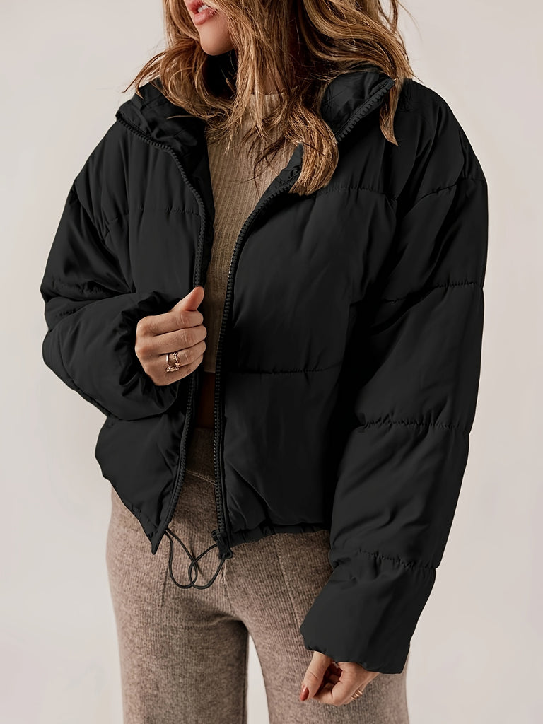 Solid Color Zip-up Puffy Jacket, Casual Long Sleeve Coat For Fall & Winter, Women's Clothing