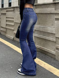 Plain Washed Retro Flare Jeans, Slim Fit High Stretch Slant Pockets Bell Bottom Jeans, Women's Denim Jeans & Clothing