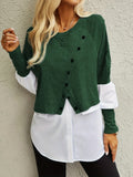 hoombox Colorblock Button Decor Asymmetrical T-Shirt, Casual Paneled Long Sleeve Top For Spring & Fall, Women's Clothing