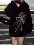 hoombox  Spider Web Rhinestone Zip Up Hoodie, Y2K Long Sleeve Oversized Sweatshirt With Pocket, Women's Clothing