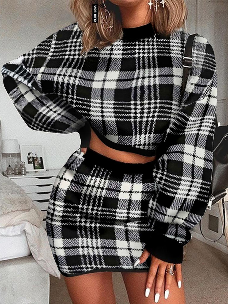 hoombox  Women's Set Women's Plaid Fashion Design Two Piece Suit Sexy Spring Dress Elegant Female Outfit Long Sleeve Top And Skirt Set