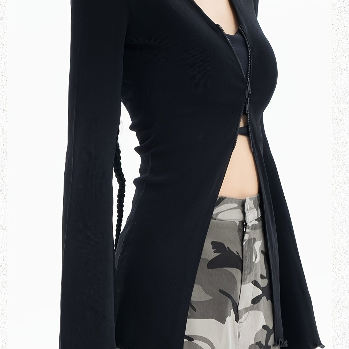 Solid V-neck Zipper Long Sleeve T-shirt, Elegant Autumn & Winter Comfy T-shirt, Women's Clothing
