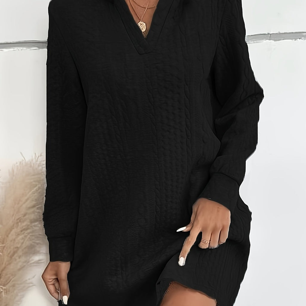 hoombox Plus Size Sexy Sweatshirt Dress, Women's Plus Solid Cable Knit Long Sleeve Slight Stretch Hoodie Dress