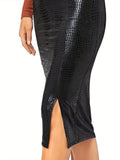 Crocodile Embossed Midi Skirt, Slit Hem High Waist Casual Skirt, Women's Clothing