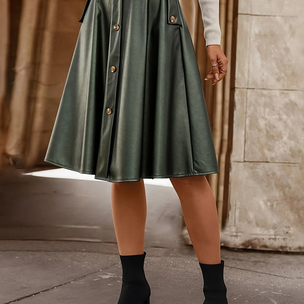 Faux Leather Button Front Skirt, Elegant Ruffle Hem Midi Skirt With Pocket, Women's Clothing