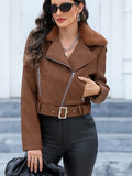 Fuzzy Trim Zipper Jacket, Casual Long Sleeve Lapel Outerwear, Women's Clothing