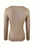 hoombox Ribbed Buckle Front T-Shirt, Casual Long Sleeve Top For Spring & Fall, Women's Clothing