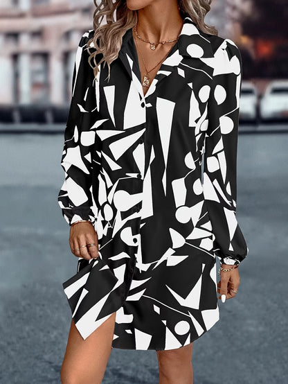 Graphic Print Button Front Dress, Casual Long Sleeve Lapel Dress, Women's Clothing