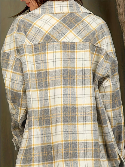 Plaid Print Classic Jacket, Casual Button Front Long Sleeve Outerwear, Women's Clothing