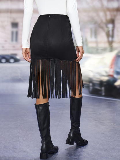 Solid Tassel Trim Bodycon Skirt, Elegant High Waist Skirt, Women's Clothing