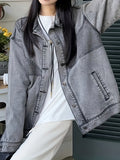 hoombox  Loose Fit Lapel Denim Coat, Long Sleeves Chic Versatile Denim Jacket, Women's Denim Clothing