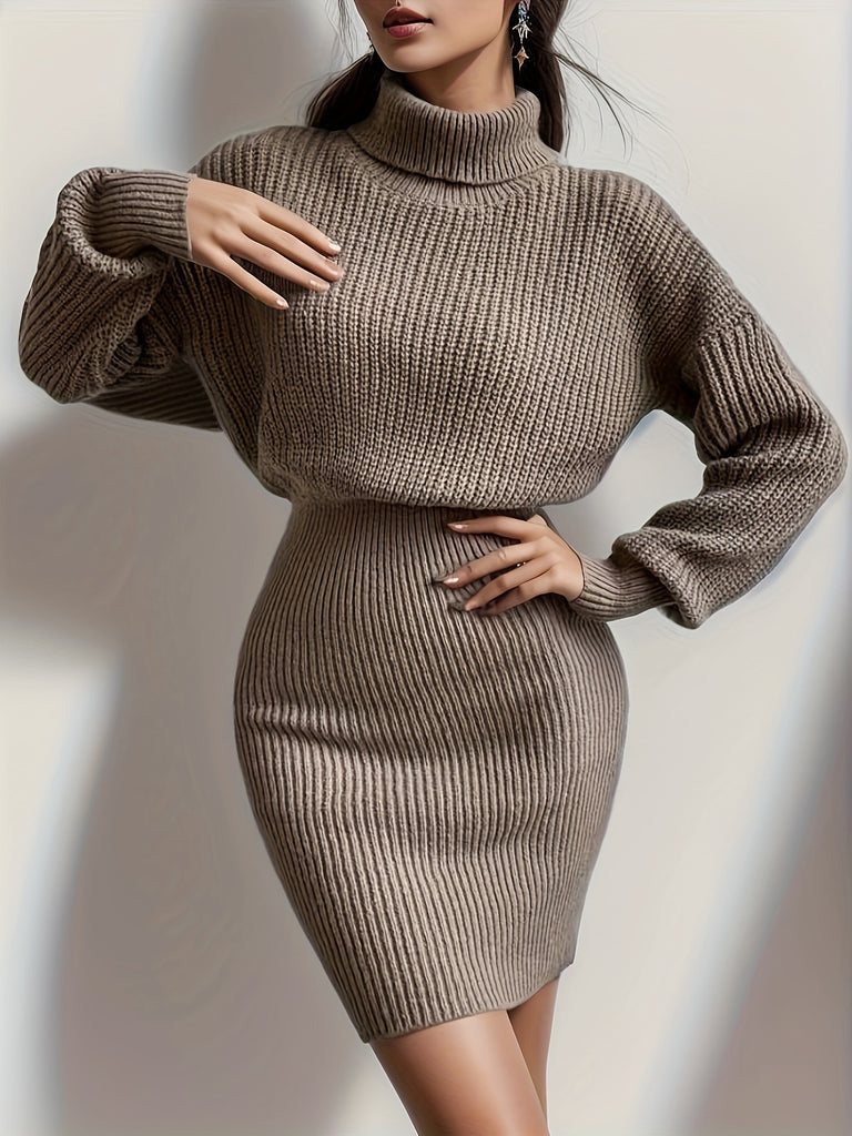 hoombox Turtleneck Sweater Dress, Casual Solid Long Sleeve Bodycon Dress, Women's Clothing