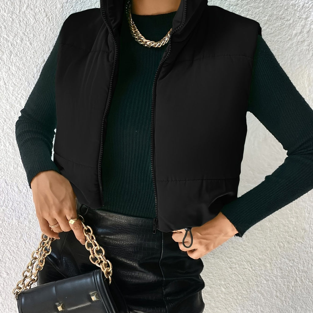 Solid Stand Collar Zipper Vest, Versatile Sleeveless Drawstring Warm Outwear For Fall & Winter, Women's Clothing